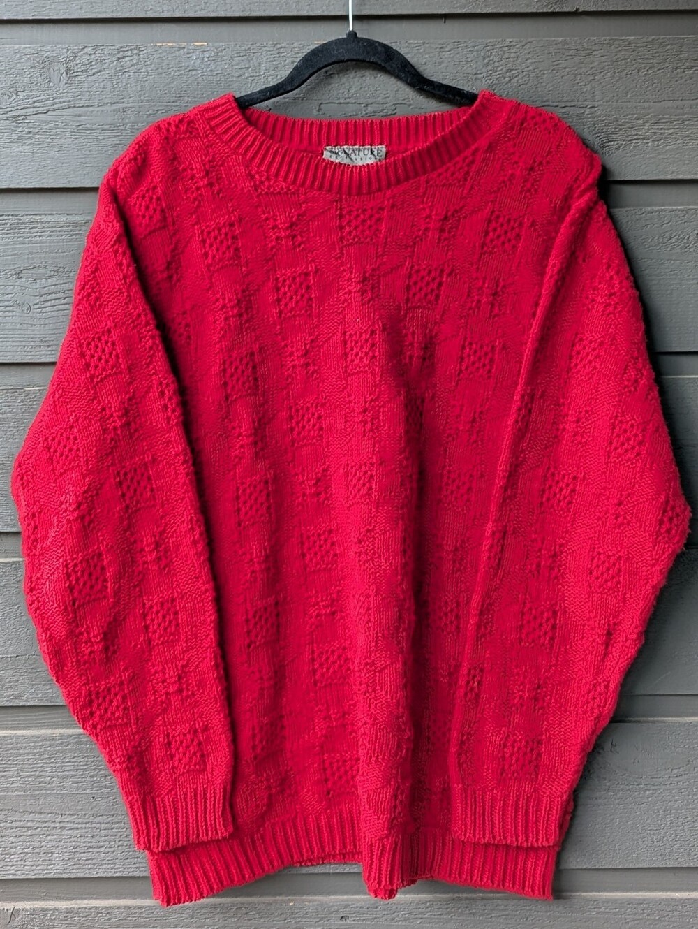 VTG 90s Signature Expressions 100% Cotton Bright Red Chunky Knit Sweater Large